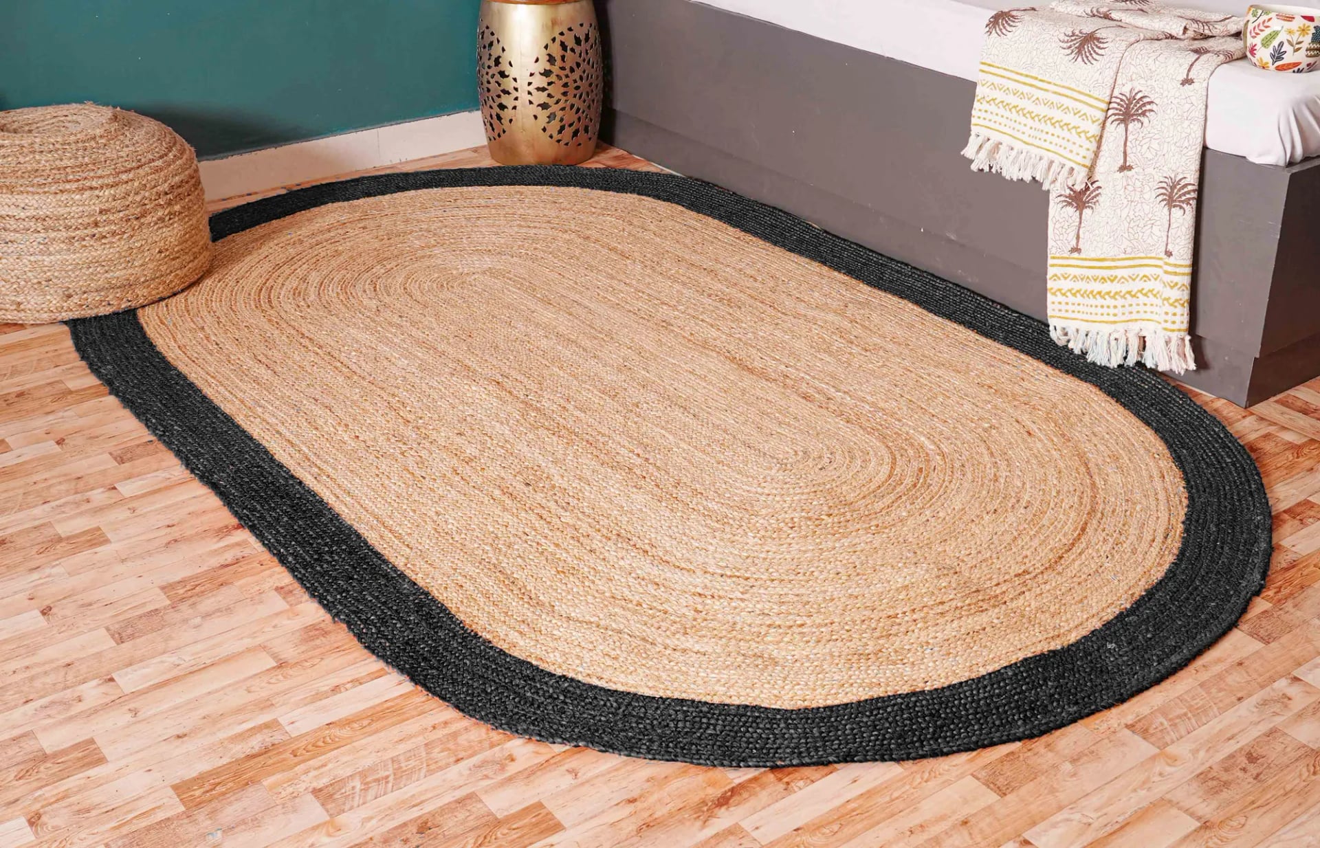 Indian Village Hand Braided Oval Jute Rug Beige With Black Border