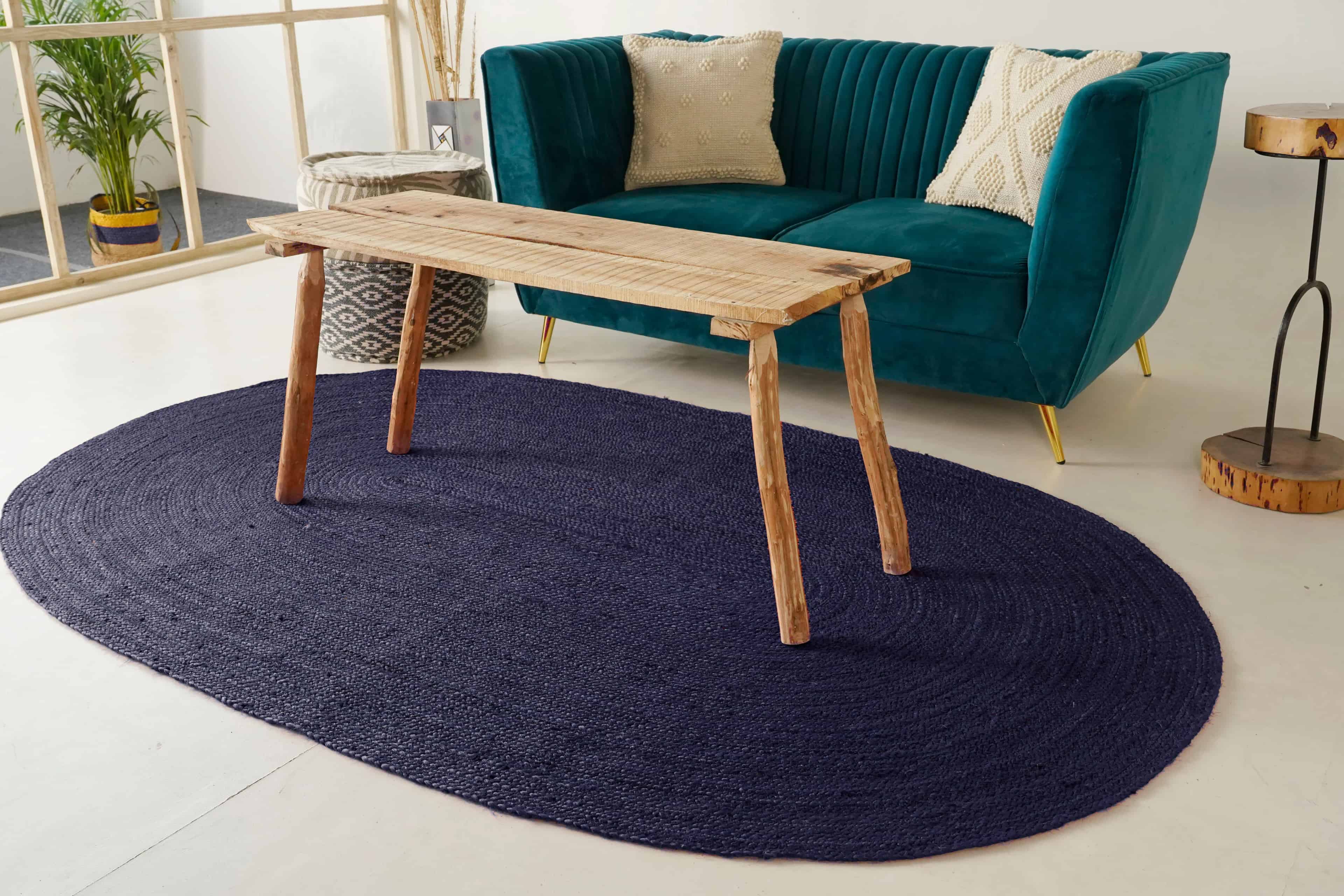 Room Decorating Hand Braided Oval Jute Rug Navy Blue Color - Image 2