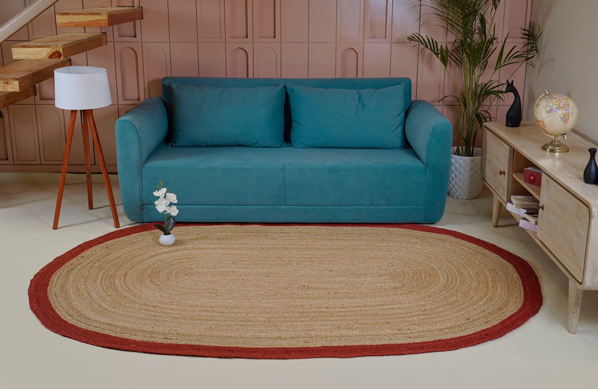 Hand Braided Oval Jute Rug Beige With Brown Color Border