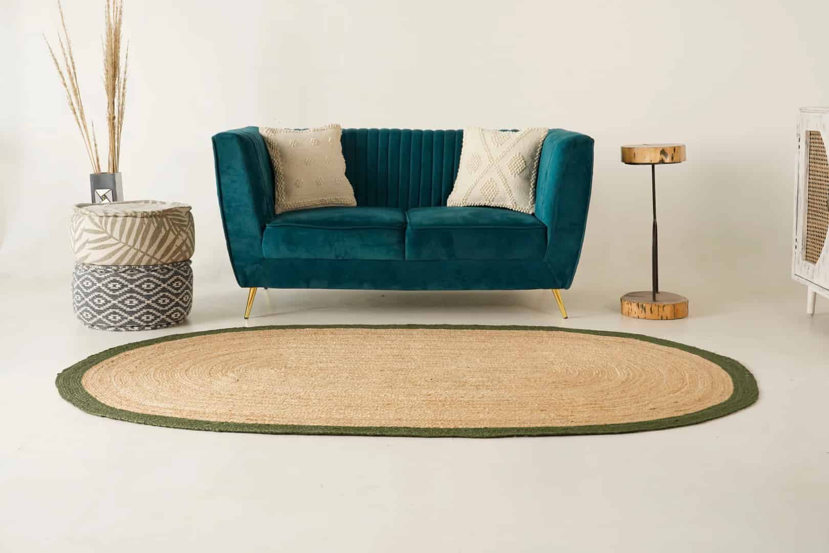 Hand Braided Oval Jute Rug Beige With Dark Green Color Border - Image 2