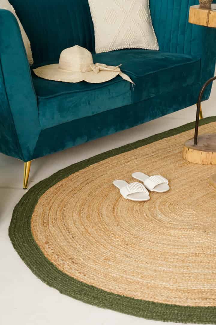 Hand Braided Oval Jute Rug Beige With Dark Green Color Border - Image 5