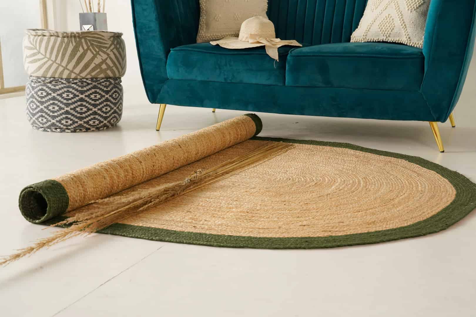 Hand Braided Oval Jute Rug Beige With Dark Green Color Border - Image 7
