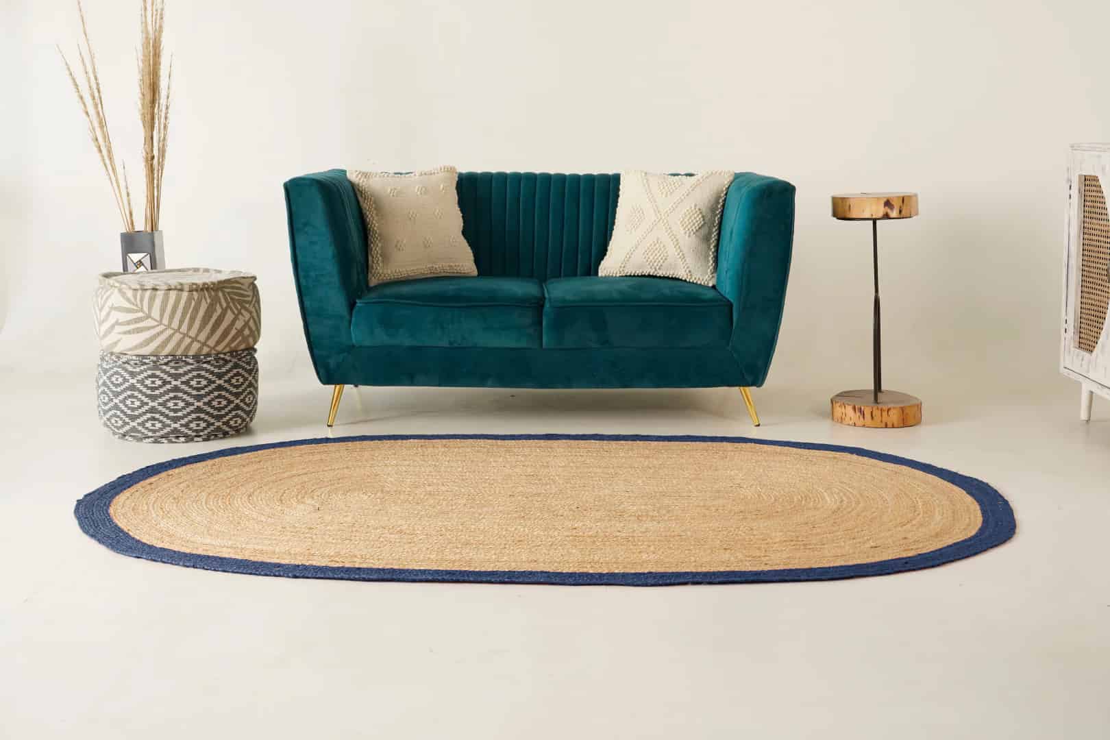 Hand Braided Natural Oval Jute Rug With Light Blue Color Border - Image 2