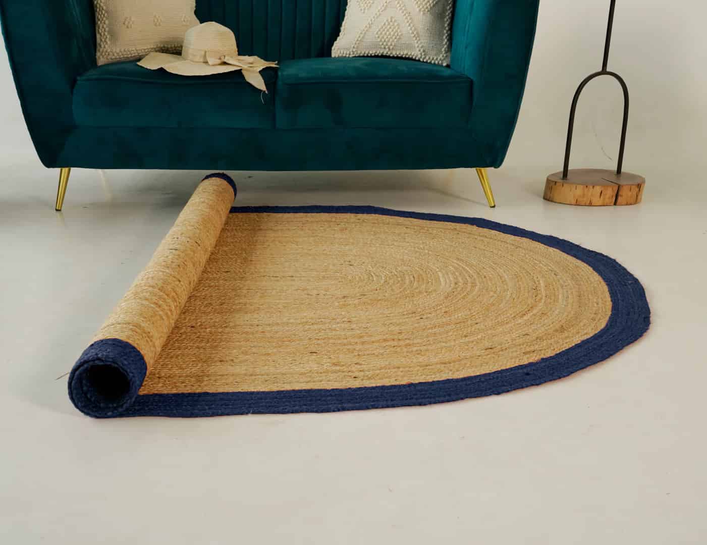 Hand Braided Natural Oval Jute Rug With Light Blue Color Border - Image 6