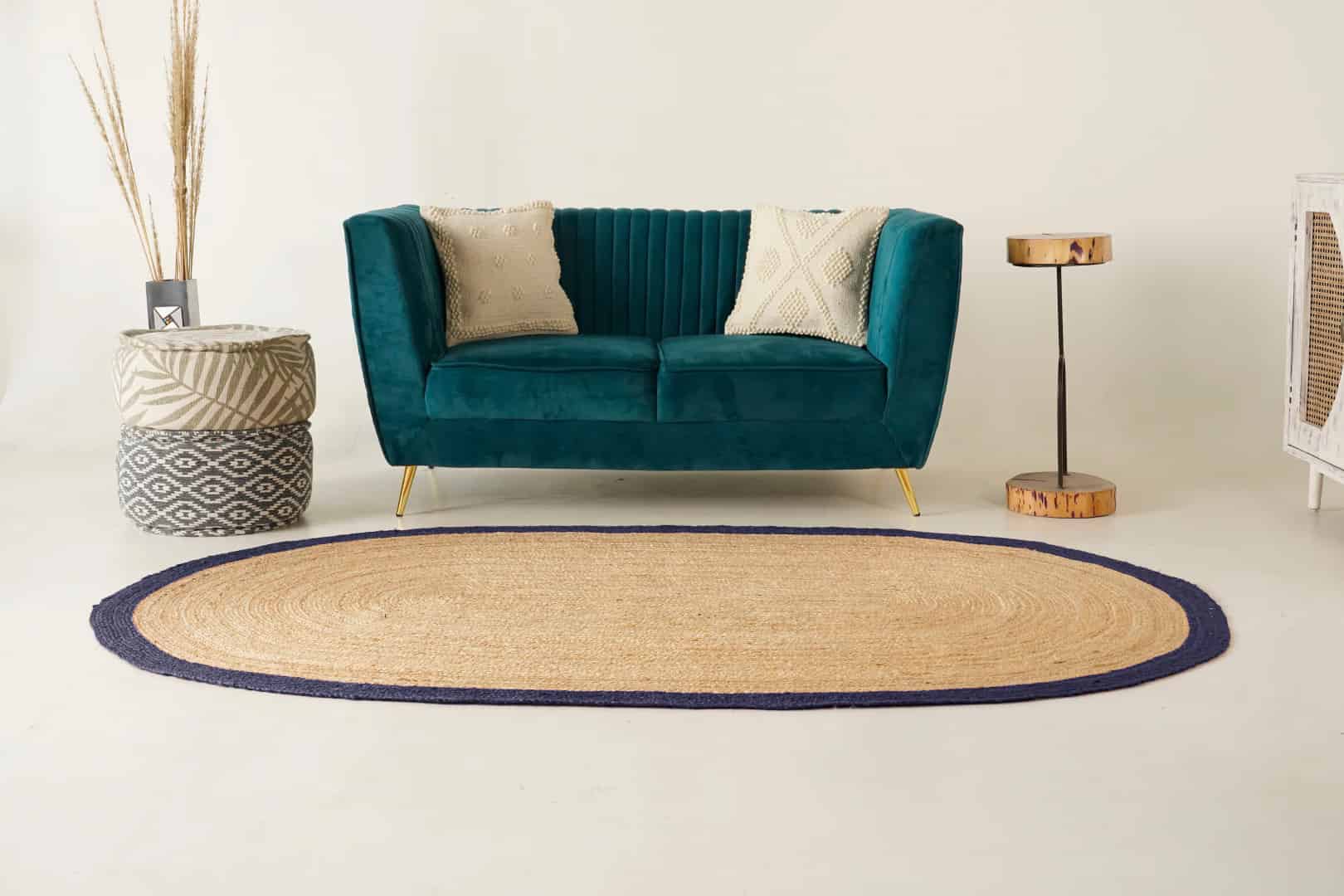 Hand Crafted Natural Oval Jute Rug With Navy Blue Color Boder - Image 2