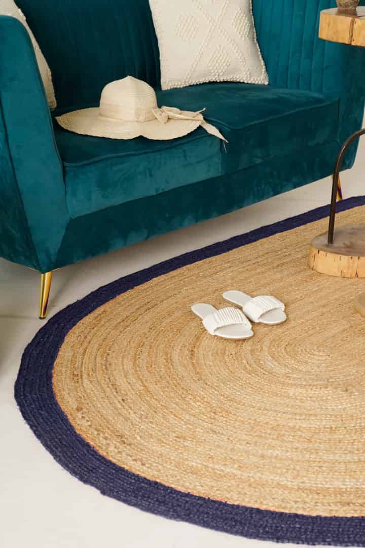 Hand Crafted Natural Oval Jute Rug With Navy Blue Color Boder - Image 5