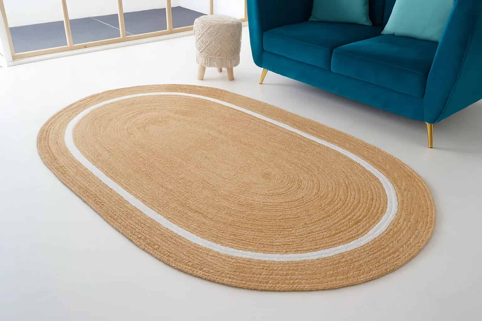 Custom Hand Braided Natural Oval Jute Rug With One broad White Line - Image 1
