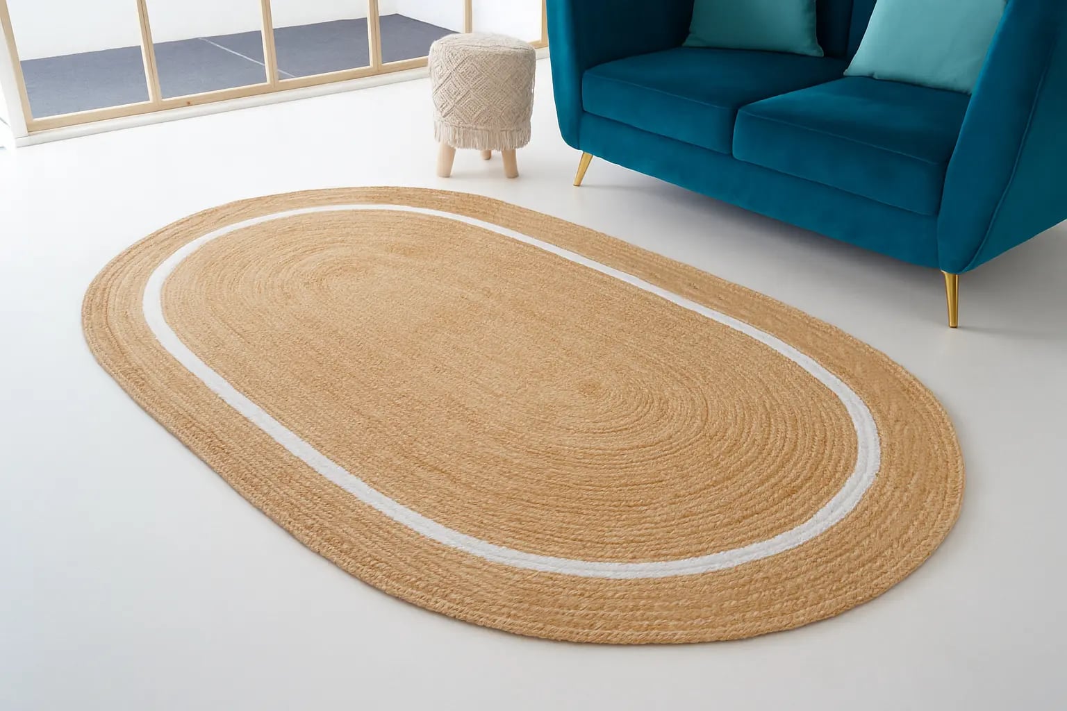 Custom Hand Braided Natural Oval Jute Rug With One broad White Line