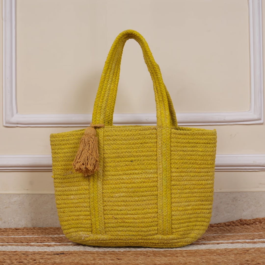 Chouhan Rugs Mustard Jute Handwoven Tote Bag for Everyday